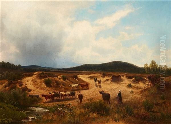 Landscape With A Herd Of Cattle Oil Painting by Carl Johann Friedrich Adolf Roetteken