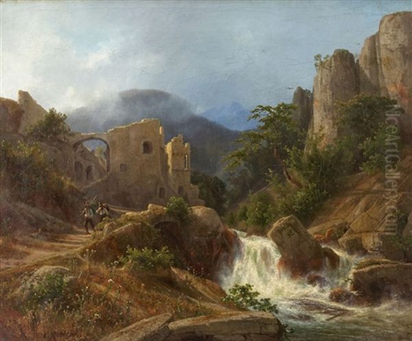 Berglandschaft Mit Wasserfall Oil Painting by Carl Johann Friedrich Adolf Roetteken