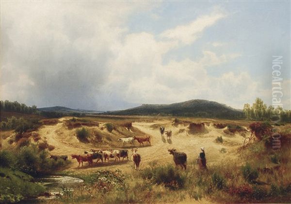 Cows Drinking Oil Painting by Carl Johann Friedrich Adolf Roetteken