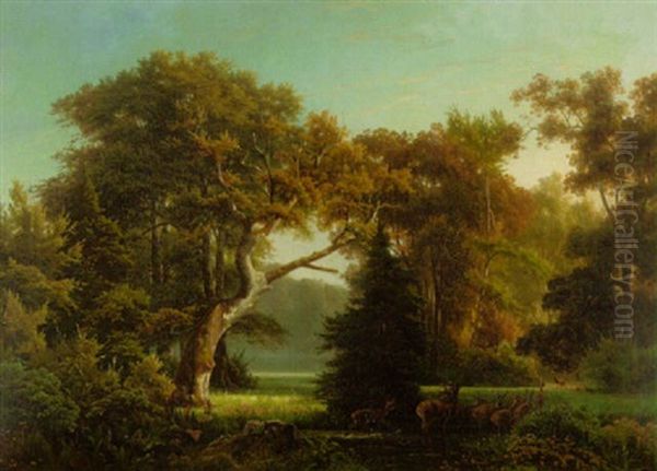 Hirsche Auf Einer Waldlichtung Oil Painting by Carl Johann Friedrich Adolf Roetteken