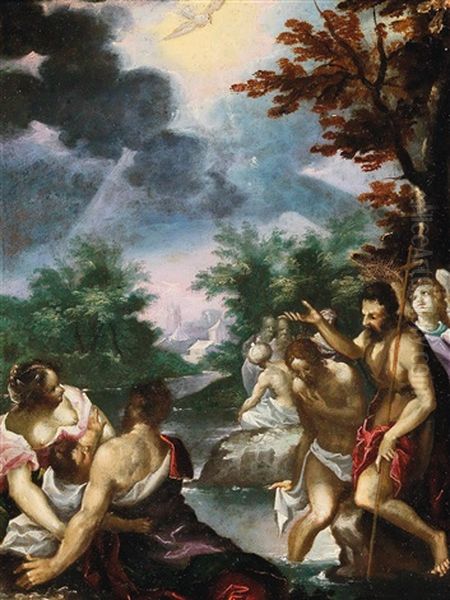 The Baptism Of Christ In The River Jordan Oil Painting by Hans Rottenhammer the Elder