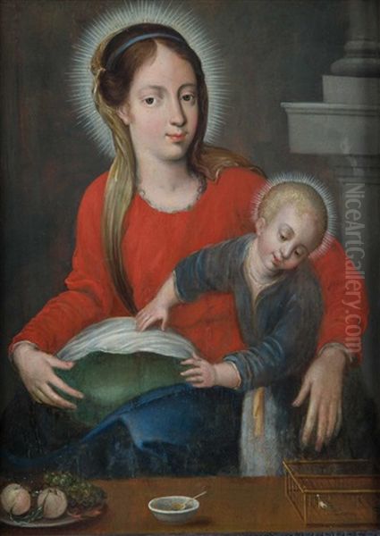 Madonna Mit Kind, Davor Teller Mit Obst, Schale Und Vogelkafig Oil Painting by Hans Rottenhammer the Elder