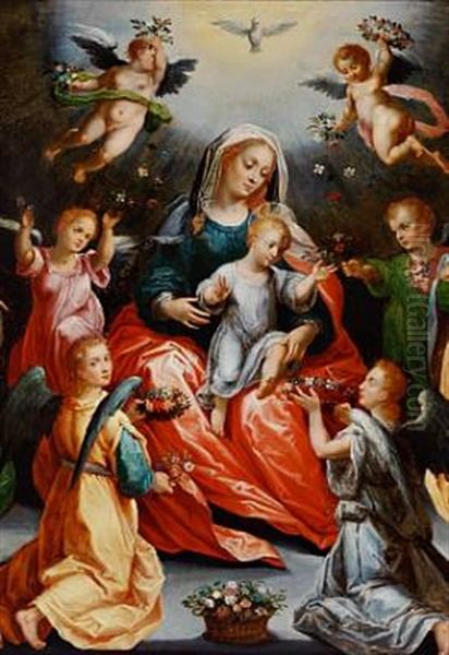 The Virgin Mary And The Child Flanked By St. Barbara And St. Catherine Of Alexandria Both With Their Attributes, Little Angels Are Strewing Flowers Oil Painting by Hans Rottenhammer the Elder