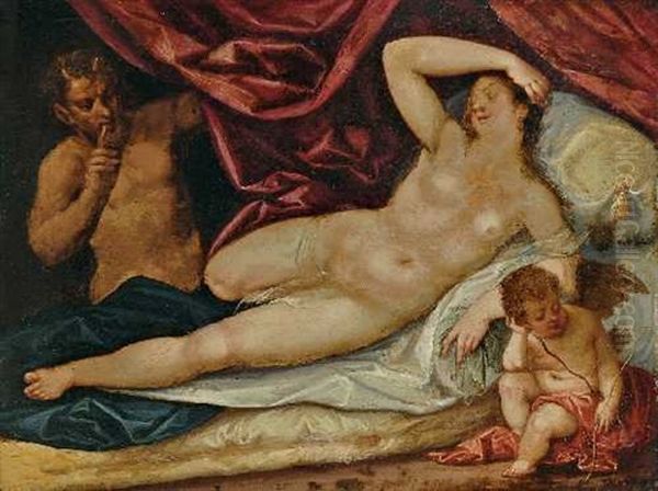 Schlafende Venus Mit Amorknaben, Von Einem Faun Beobachtet Oil Painting by Hans Rottenhammer the Elder