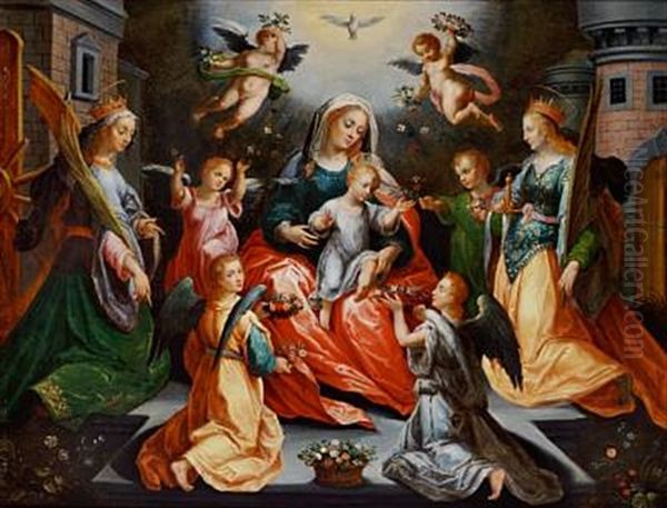 The Virgin Mary And The Child Flanked By Sts. Barbara And Katherine Oil Painting by Hans Rottenhammer the Elder