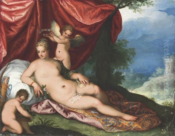 Venus Reclining In A Wooded Landscape, Attended By Putti Oil Painting by Hans Rottenhammer the Elder