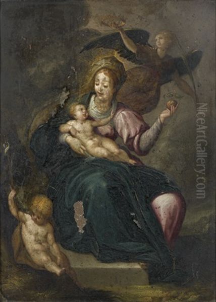 Vierge A L'enfant Couronnee Par Un Ange Avec Saint Jean-baptiste Enfant Oil Painting by Hans Rottenhammer the Elder