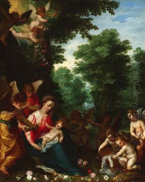 Madonna Mit Dem Christuskind Und Engeln Vor Einer Waldlandschaft Oil Painting by Hans Rottenhammer the Elder