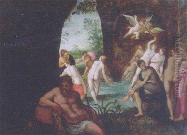 Actaeon Surprising Diana And Her Nymphs In A Grotto, A River God In The Foreground Oil Painting by Hans Rottenhammer the Elder