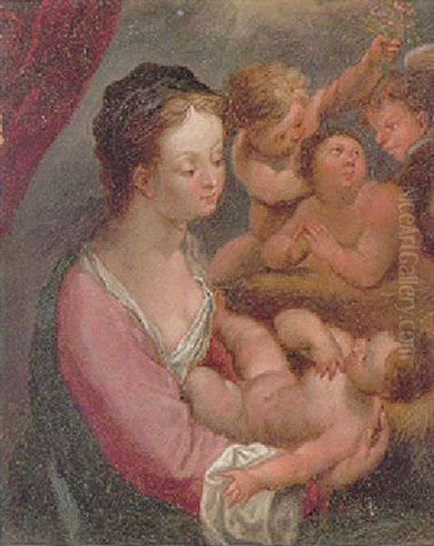 The Madonna And Child With Three Angels Oil Painting by Hans Rottenhammer the Elder