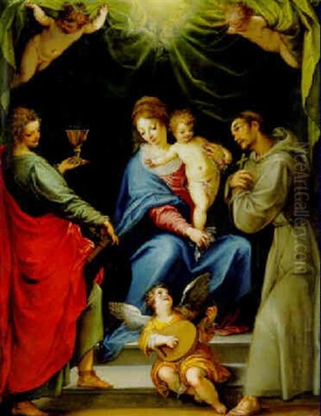 The Virgin And Child With Saints John The Evangelist And Francis Of Assisi And Angels Oil Painting by Hans Rottenhammer the Elder