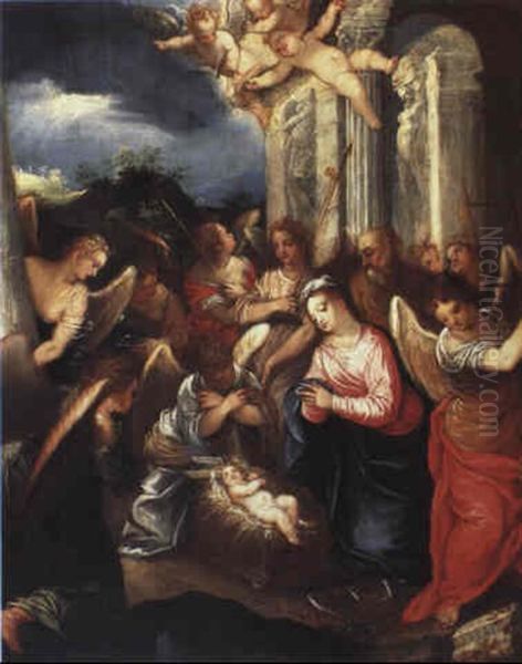 The Christ Child Adored By The Virgin Mary And Angels Oil Painting by Hans Rottenhammer the Elder