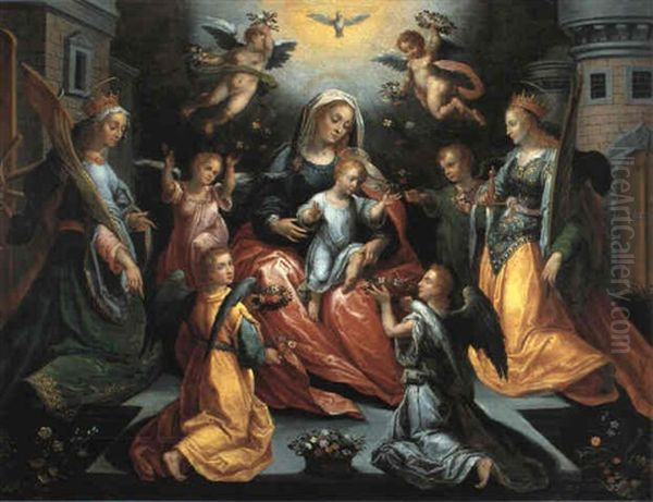 Jomfru Maria Og Barnet Or Givet Af Den Hellige Barbara Og   Den Hellige Catarina Oil Painting by Hans Rottenhammer the Elder