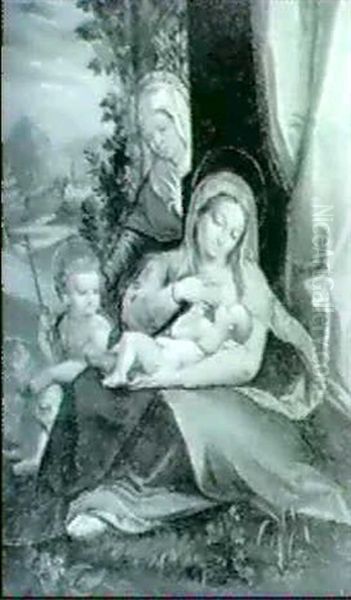 Vierge A L'enfant Avec Sainte Anne Et Le Petit Saint        Jean-baptiste Sur Fond De Paysage Oil Painting by Hans Rottenhammer the Elder