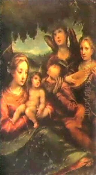 The Holy Family Accompanied By Two Angels (work On Copper) Oil Painting by Hans Rottenhammer the Elder