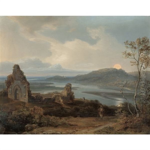 Ruine Einer Kapelle In Der Nahe Eines Flusses Bei Aufgehendem Mond (ruin Of A Chapel Near A River With Rising Moon) Oil Painting by Carl Rottmann