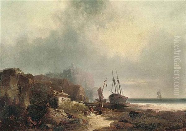 A Coastal Landscape With Fishermen On The Shore Oil Painting by Carl Rottmann