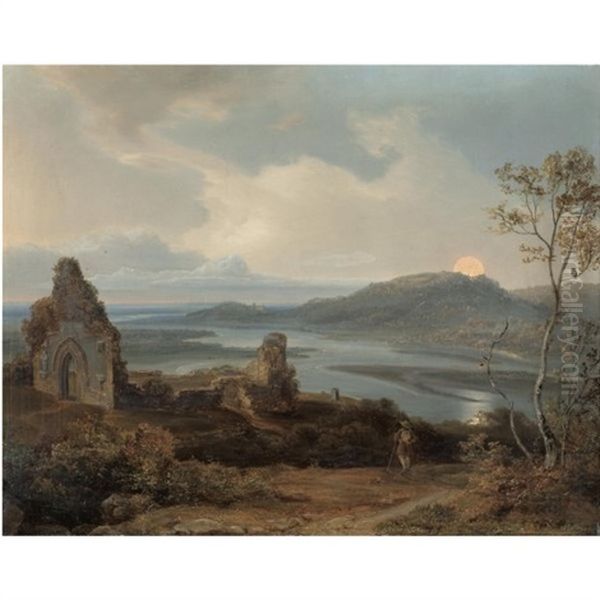 Ruine Einer Kapelle In Der Nahe Eines Flusses Bei Aufgehendem Mond (ruin Of A Chapel Near A River With Rising Moon) Oil Painting by Carl Rottmann