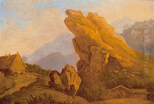 Alpenlandische Berglandschaft Mit Malerischem Fels Im Besonnten Licht by Carl Rottmann