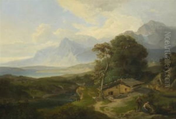 Gebirgslandschaft Mit Fluss Und Sennhutte Oil Painting by Carl Rottmann