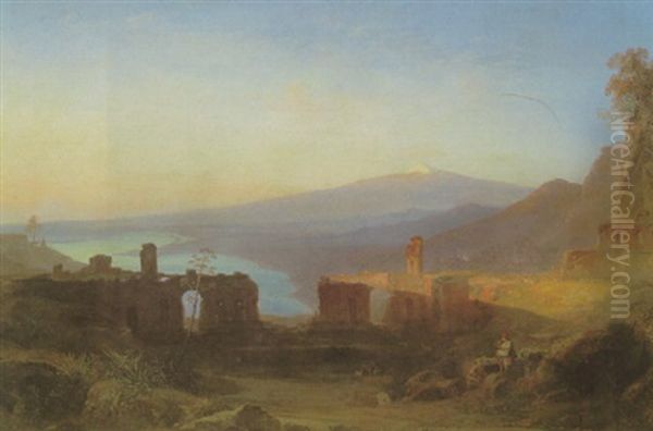 Das Antike Theater Von Taormina Mit Blick Auf Den Atna In Der Ferne Oil Painting by Carl Rottmann