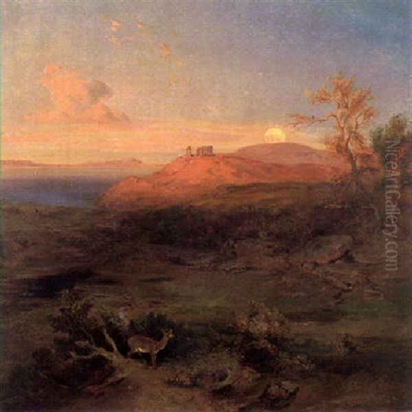 Griechische Landschaft Mit Agina-aphaia-tempel Im Hintergrund Oil Painting by Carl Rottmann