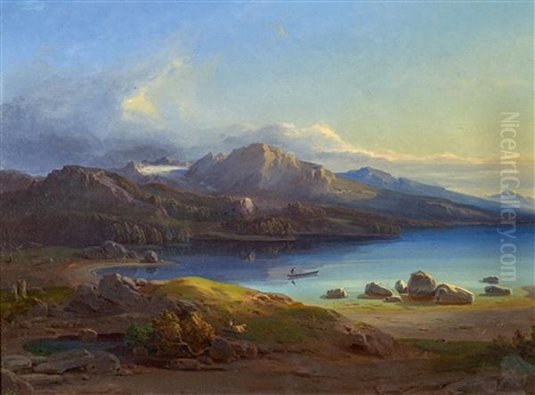 Landschaft An Einem Bergsee (im Salzkammergut?) Oil Painting by Leopold Rottmann