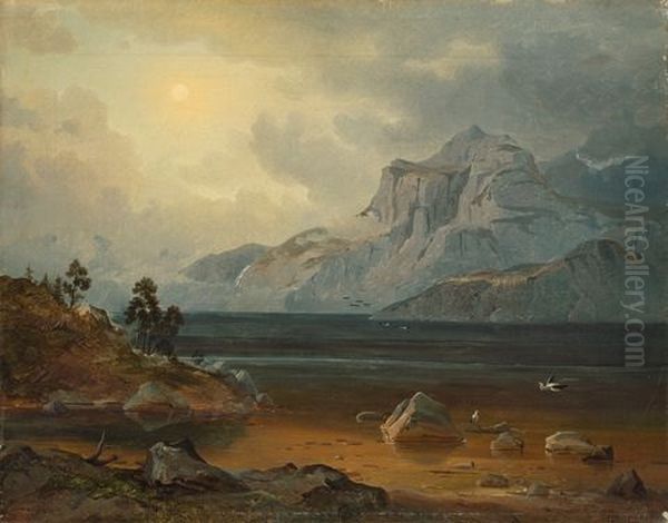 Mountain Lake Oil Painting by Leopold Rottmann