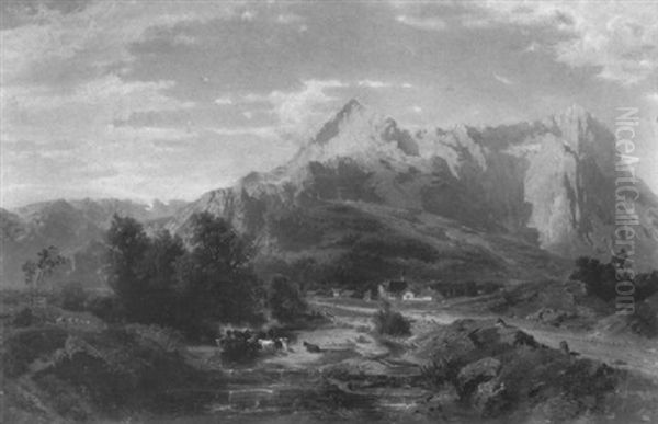 Kuhe An Der Tranke Vor Einem Dorf Zu Fusen Der Eibspitze Oil Painting by Leopold Rottmann