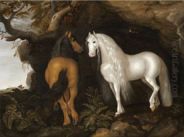 Two Horses Standing In A Wooded Landscape, Before A Cave Oil Painting by Abraham Bosschaert