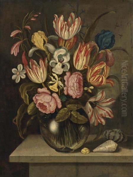 A Still Life Of Tulips, Roses, Irises And Daffodils In A Glass Vase With A Caterpillar And Three Exotic Shells On A Stone Ledge Oil Painting by Abraham Bosschaert