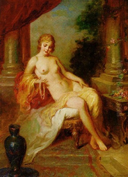 A Seated Female Nude In An Interior Oil Painting by Mozart Rottmann