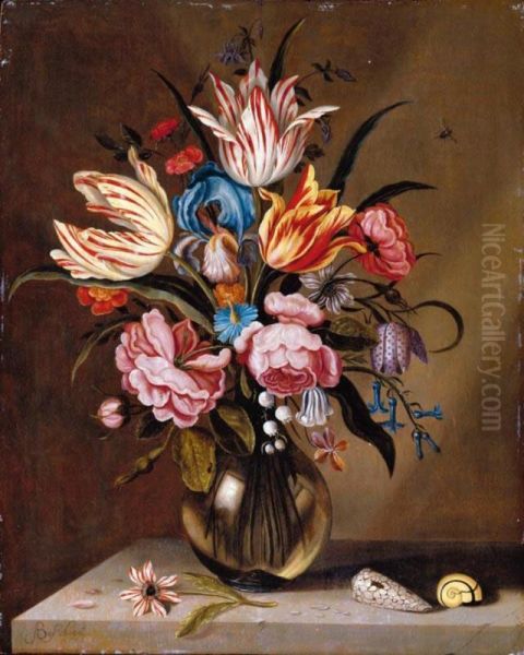 A Still Life Of Pink Roses, Striped Tulips, A Blue Iris, A Striped Anemone, Fritallary, Lily Of The Valley, Columbine And Bluebells In A Glass Vase On A Stone Ledge, With Two Shells Oil Painting by Abraham Bosschaert