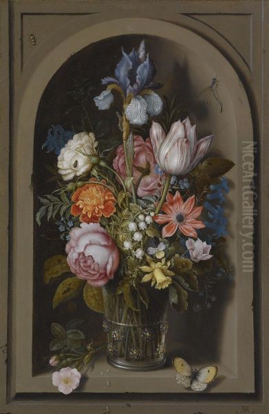 A Still Life Of Flowers In A Glass Beaker Set In A Marble Niche Oil Painting by Ambrosius the Elder Bosschaert