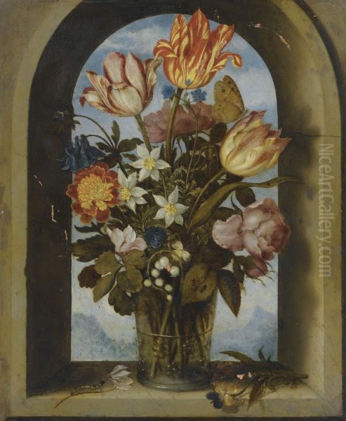 Still Life Of Tulips, Moss-roses, Lily-of-the-valley And Other Flowers In A Glass Beaker Set In An Arched Stone Window Opening, With A Distant Landscape Beyond Oil Painting by Ambrosius the Elder Bosschaert