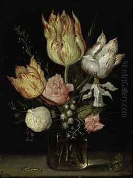 Tulips, Roses, A Bluebell, Narcissus Tortuosis, Forget-me-nots,lily Of The Valley And Cyclamen In A Flask Oil Painting by Ambrosius the Elder Bosschaert