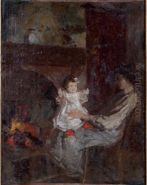 Madame Henri Rouart Et Sa Fille Helene Sur Les Genoux, A La Queue-en-brie Oil Painting by Henri Stanislaus Rouart