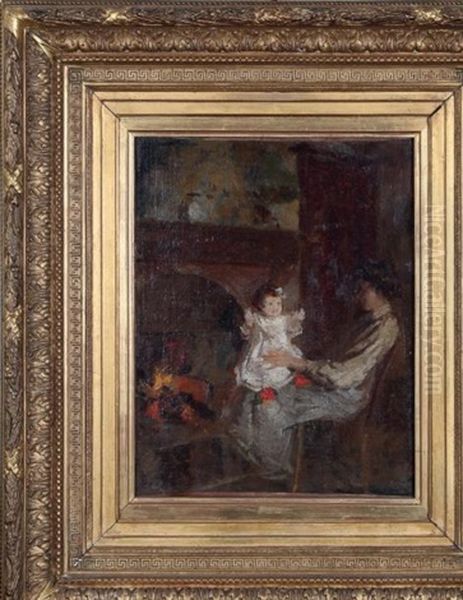 Jeune Mere Et Son Enfant Pres D'une Cheminee Oil Painting by Henri Stanislaus Rouart