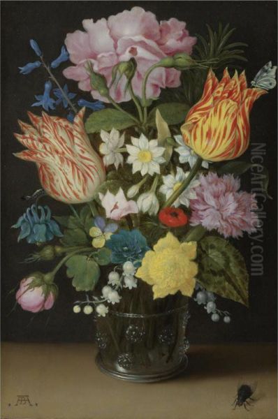 Still Life With Tulips, Roses, Narcissi And Other Flowers In A Glass Beaker Oil Painting by Ambrosius the Elder Bosschaert