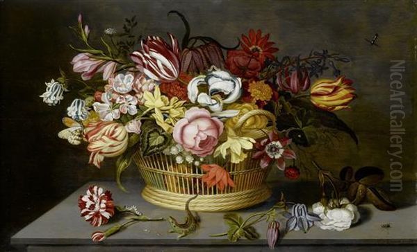 Still Life Of Flowers In A Woven Basket With Insects On A Table Oil Painting by Ambrosius the Younger Bosschaert