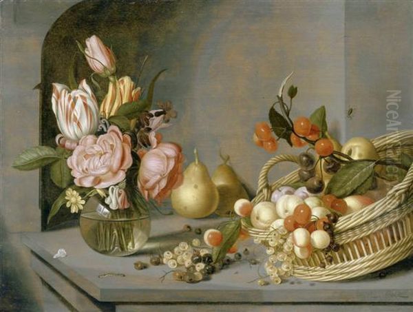 Still Life With Bouquet Of Flowers In A Vase And A Fruit Basket In A Niche Oil Painting by Ambrosius the Younger Bosschaert