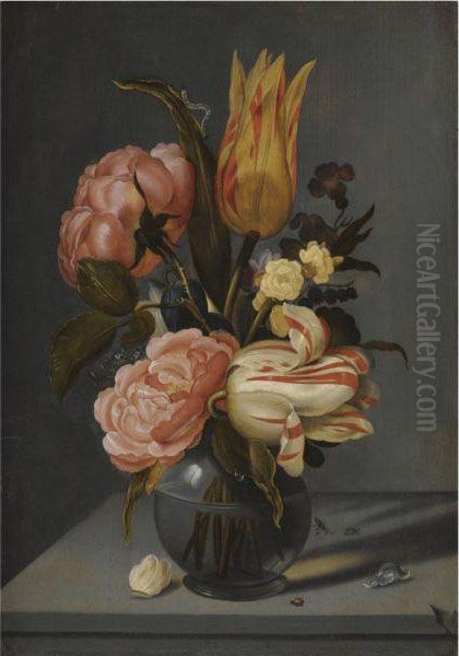 Still Life With Tulips, Roses, Marigolds And Other Flowers In Aglass Vase With A Ladybird And A Caterpillar, All On A Ledge Oil Painting by Ambrosius the Younger Bosschaert