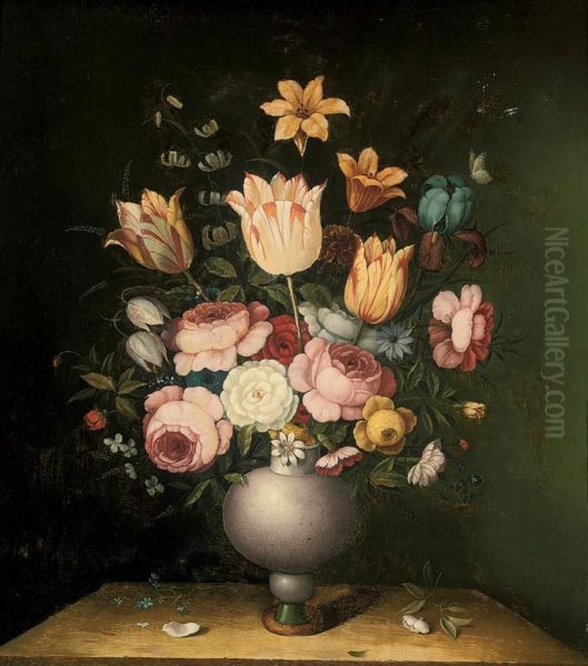 Parrot Tulips, Roses, Carnations, An Iris And Other Flowers In Avase On A Stone Ledge Oil Painting by Ambrosius the Younger Bosschaert