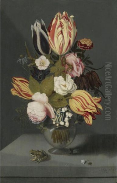 Still Life With Variegated Tulips, Pink And White Roses, A Marigoldfritillary, Columbine And Lily Of The Valley In A Globose Vase Witha Toad, All On A Ledge Oil Painting by Ambrosius the Younger Bosschaert