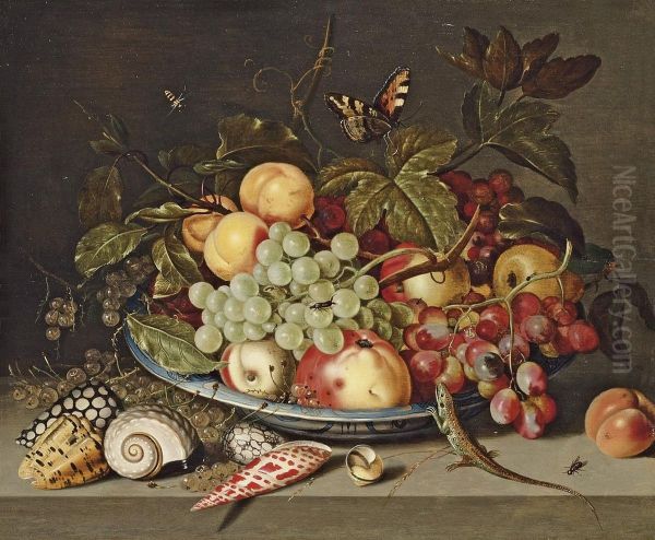 Peaches, Grapes, A Pear, And White Currants In A Wan-li Kraakporcelain Dish, With Shells, A Lizard And A Butterfly On Aledge Oil Painting by Ambrosius the Younger Bosschaert