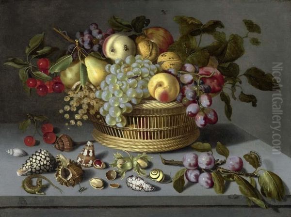 Fruchtestilleben Mit Muscheln Und Insekten. Oil Painting by Ambrosius the Younger Bosschaert