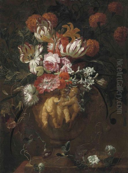 Ii Roses, Tulips And Other Flowers In A Sculpted Urn With Putti Oil Painting by Jan-baptist Bosschaert