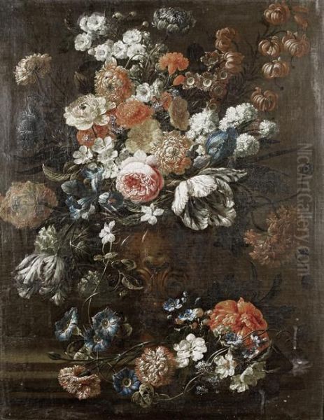 A Still Life Of Roses, Tulips, Convolvulus Andother Flowers In A Moulded Bronze Vase On A Stone Ledge Oil Painting by Jan-baptist Bosschaert