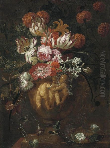 Roses, Tulips And Other Flowers In A Sculpted Urn With Putti Inrelief Oil Painting by Jan-baptist Bosschaert