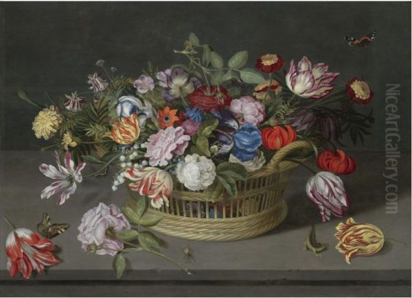 Still Life Of Flowers In A Basket On A Stone Ledge, Including Roses, Irises, Fritallary, Tulips, Lily Of The Valley, Columbine, French Marigold, Lily And Briar-rose, With Butterflies, A Queen Wasp And A Salamander Oil Painting by Johannes Bosschaert